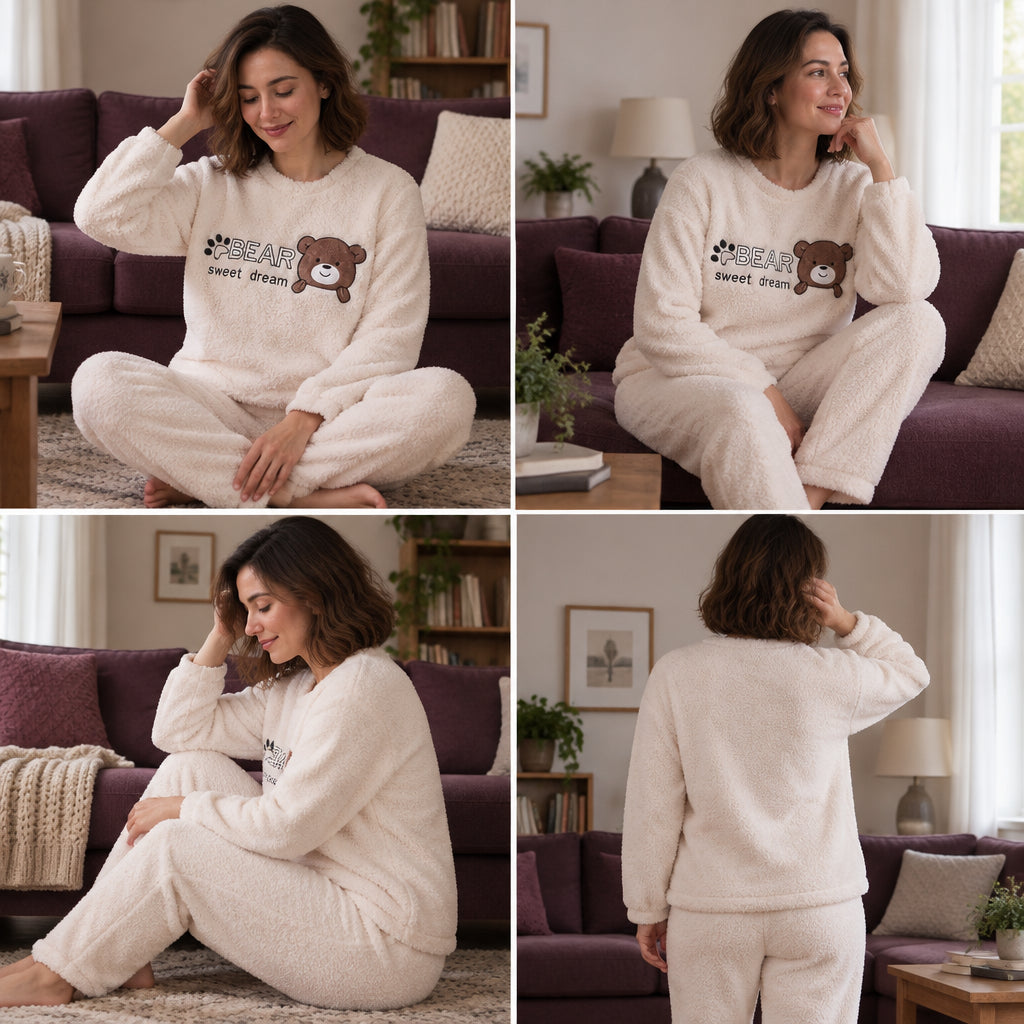 Quatre angles de Pyjama chaud fille et femme ours écru douillet porté