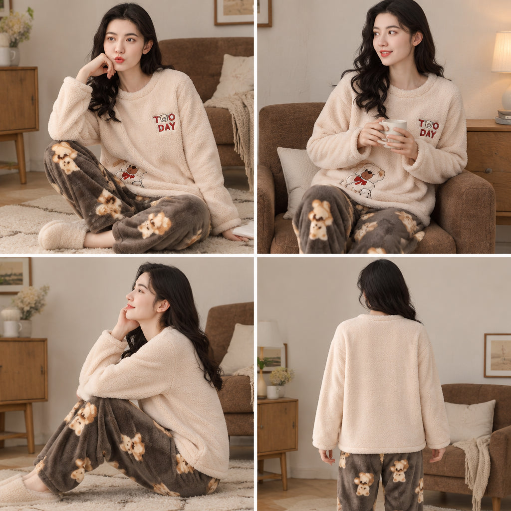 Quatre angles de Ensemble pyjama femme et ado ours beige et marron porté