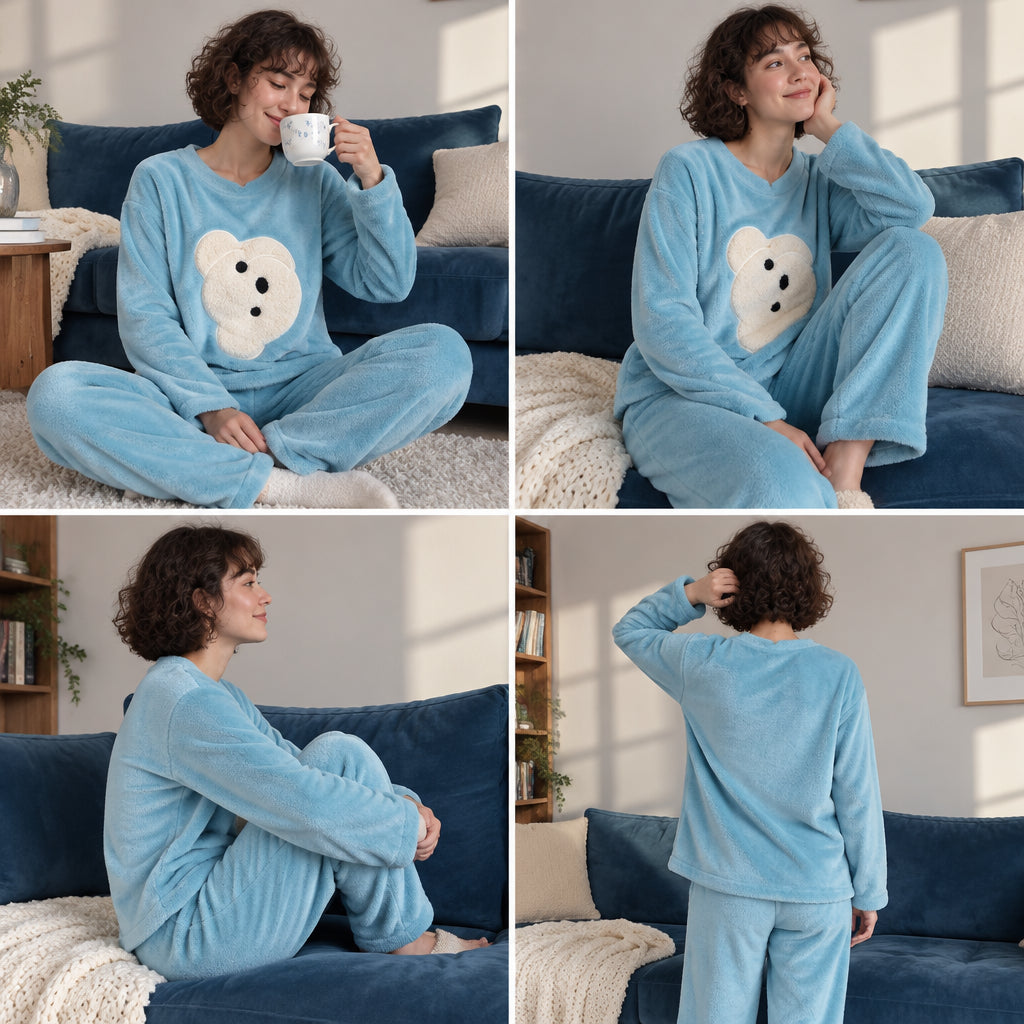 Quatre angles de Pyjama hiver fille et femme ourson bleu ciel porté
