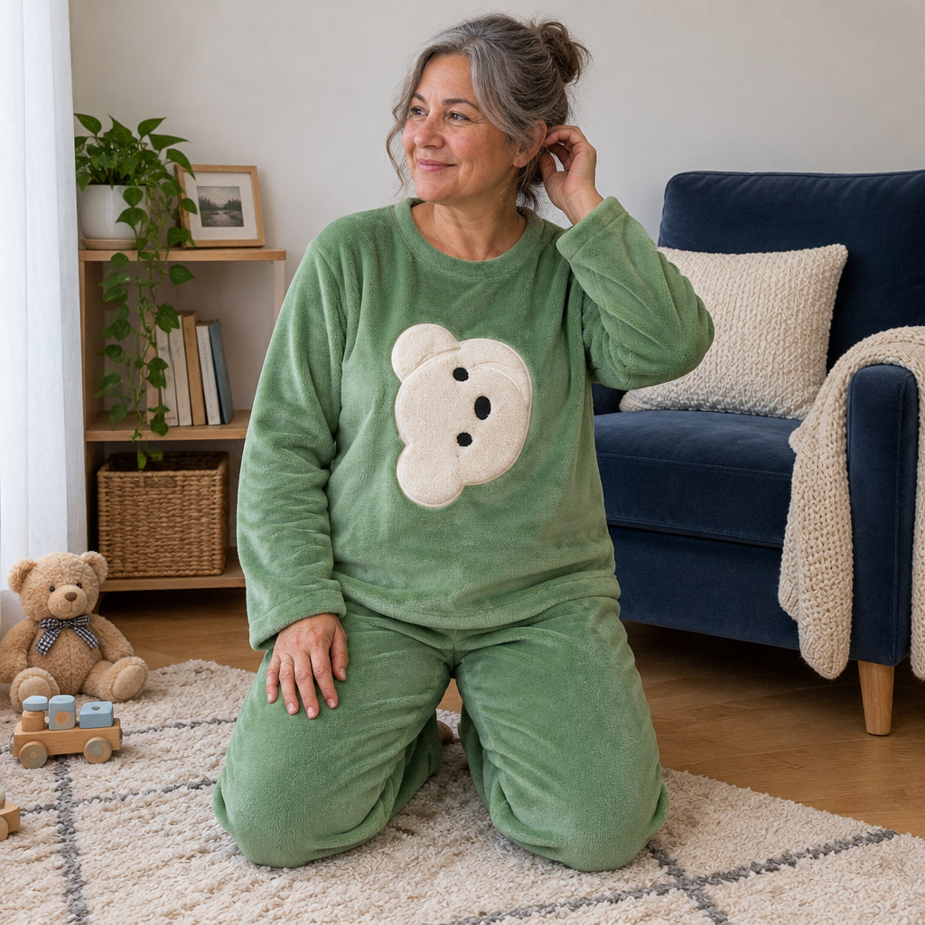 Cover frontale de Pyjama chaud femme et ado ours vert moelleux, portée et entièrement visible