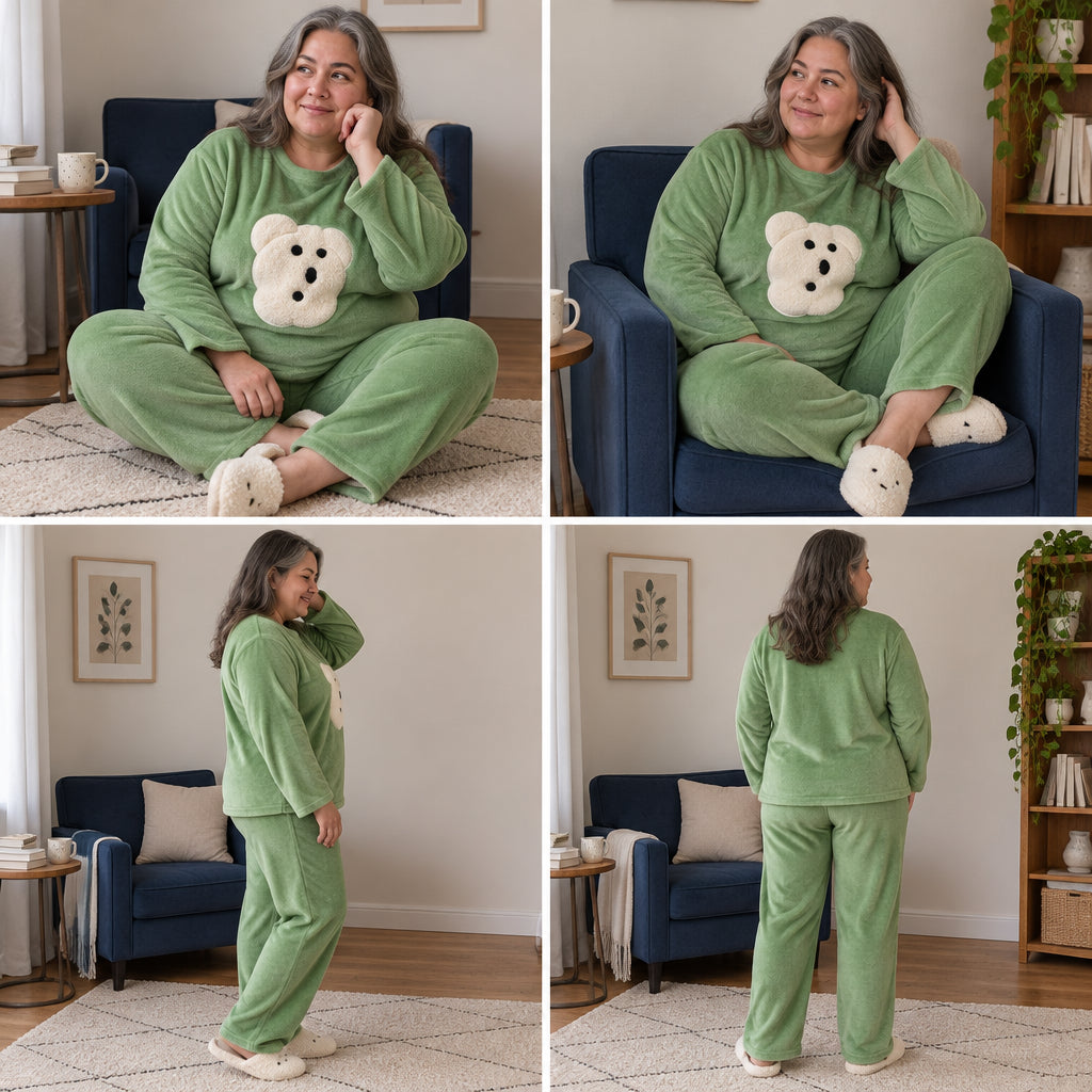 Quatre angles de Pyjama chaud femme et ado ours vert moelleux porté