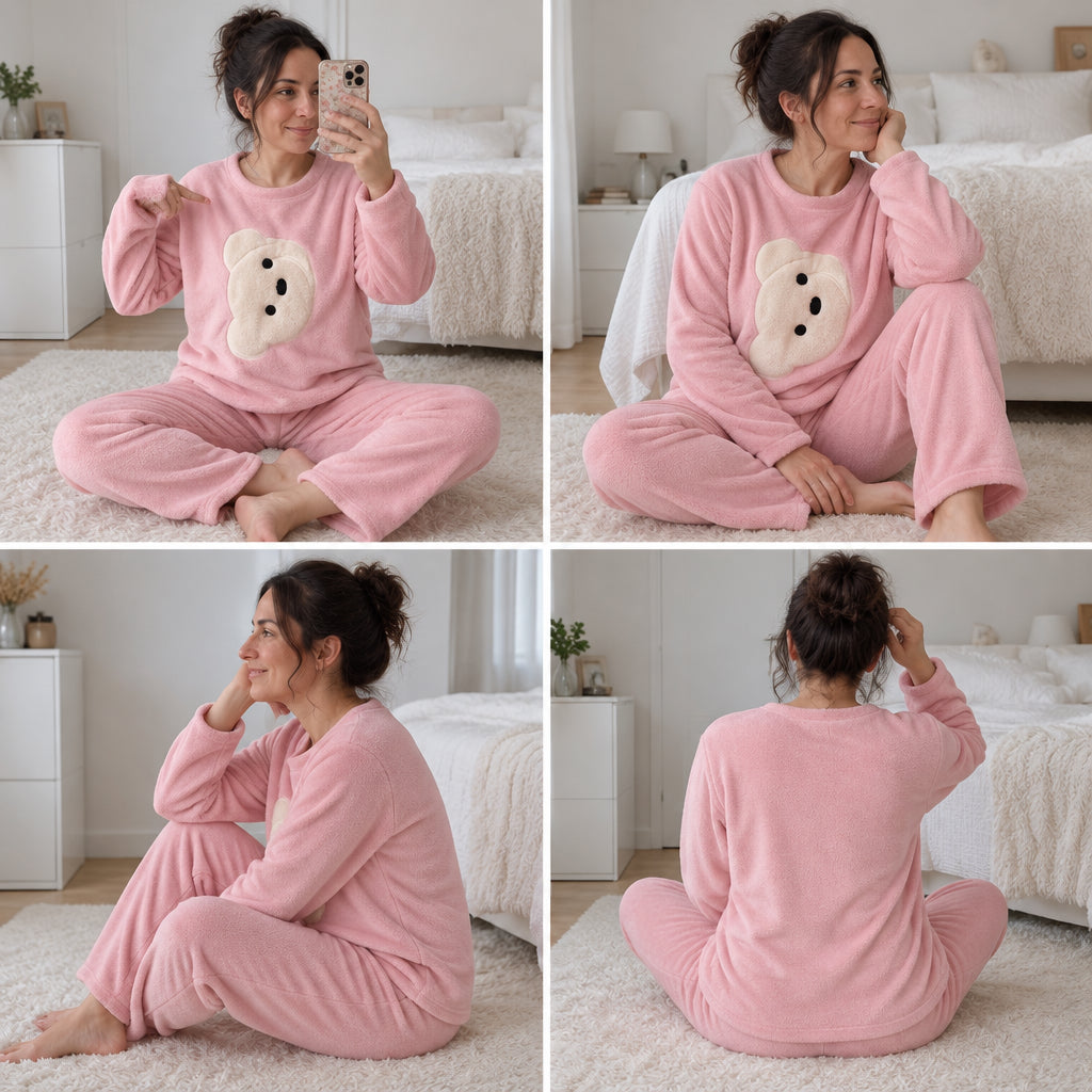 Quatre angles de Ensemble pyjama fille et femme ourson rose porté