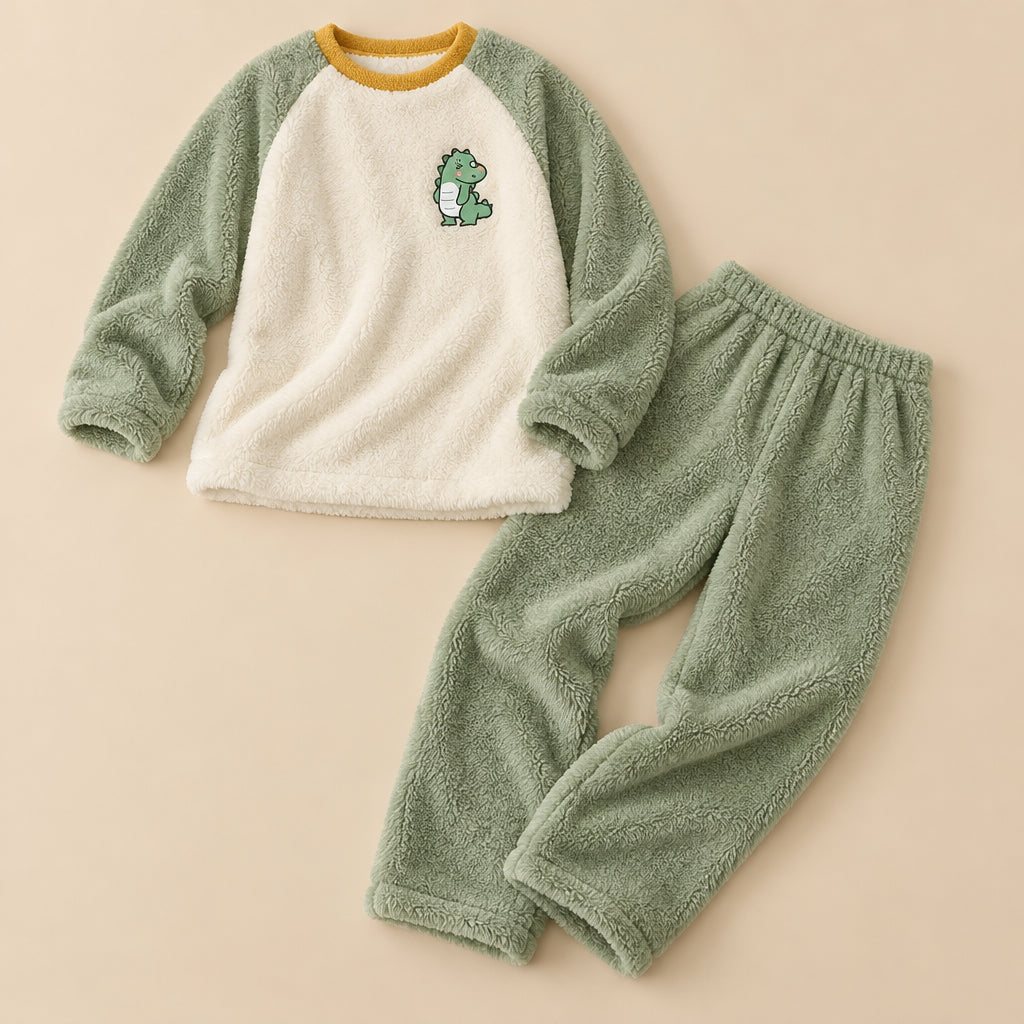 Ensemble pyjama deux pièces Pyjama polaire femme et ado dinosaure vert posé à plat sur fond beige, sans personne