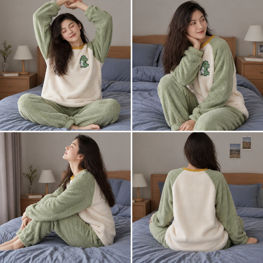 Quatre angles de Pyjama polaire femme et ado dinosaure vert porté