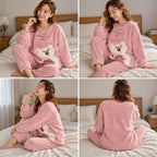 Quatre angles de Pyjama moumoute fille et femme ours rose câlin porté