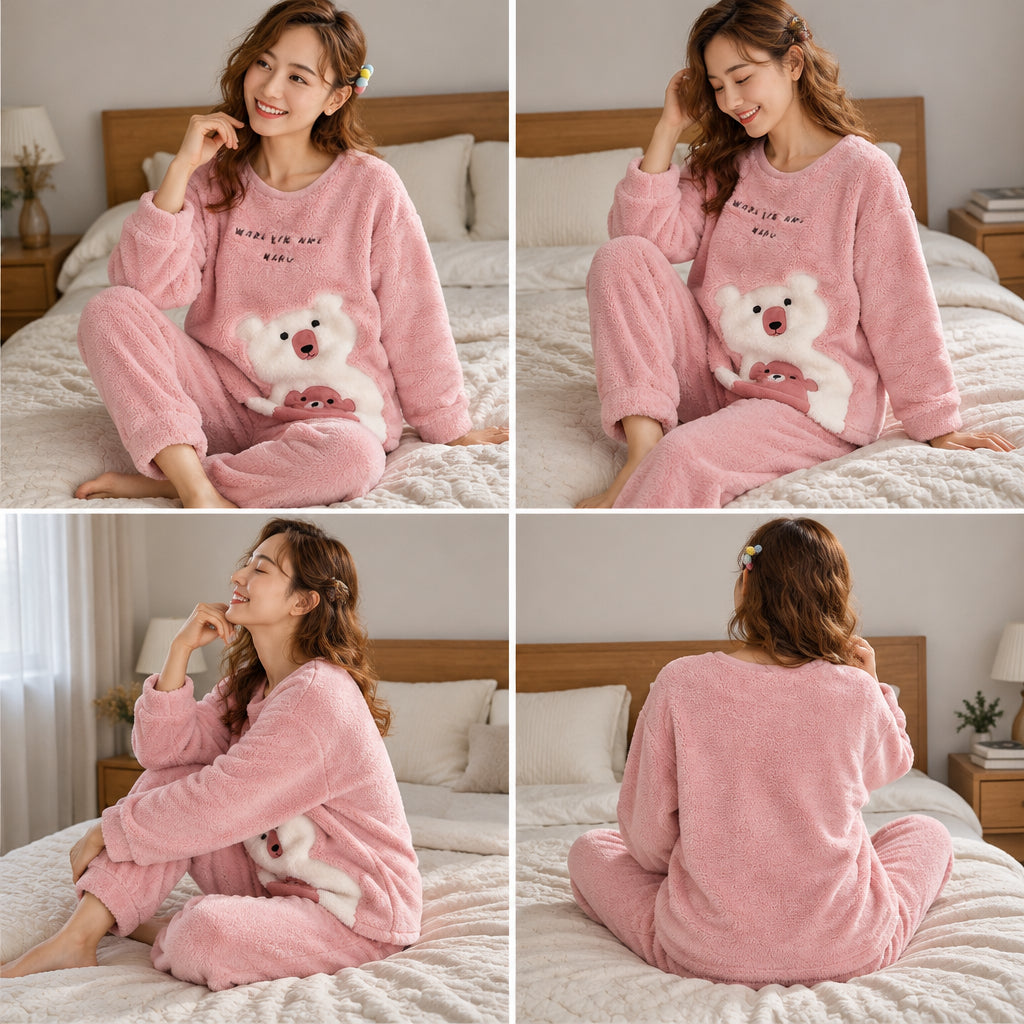 Quatre angles de Pyjama moumoute fille et femme ours rose câlin porté