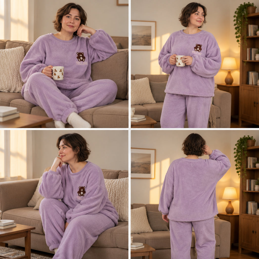 Quatre angles de Pyjama chaud femme et ado petit ours violet porté