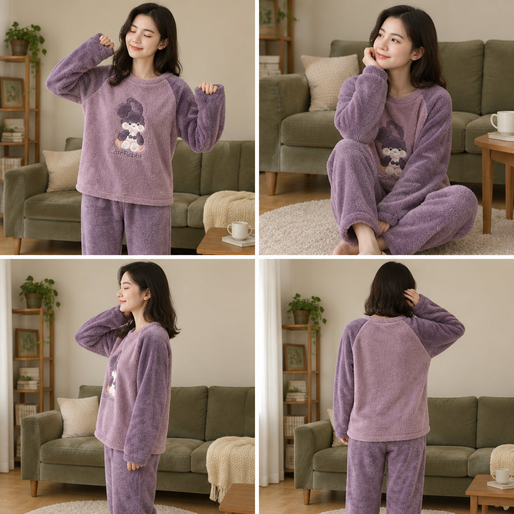 Quatre angles de Ensemble pyjama fille et femme lapin prune porté