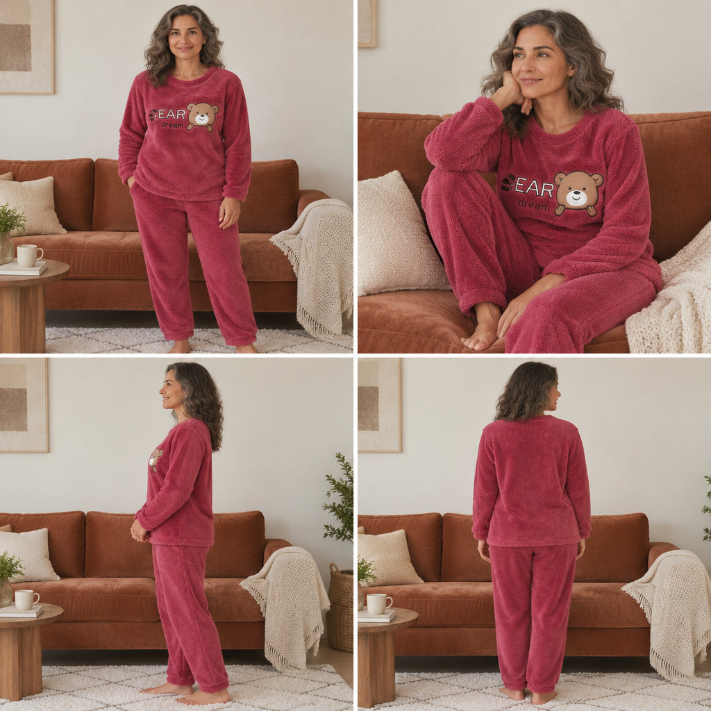 Quatre angles de Pyjama pilou pilou femme et ado ours rouge doux porté