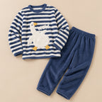 Ensemble pyjama deux pièces Pyjama hiver fille et femme canard à rayures posé à plat sur fond beige, sans personne