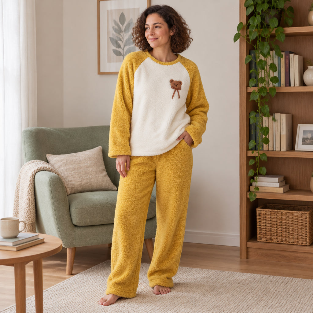 Cover frontale de Ensemble pyjama fille et femme ours jaune, portée et entièrement visible
