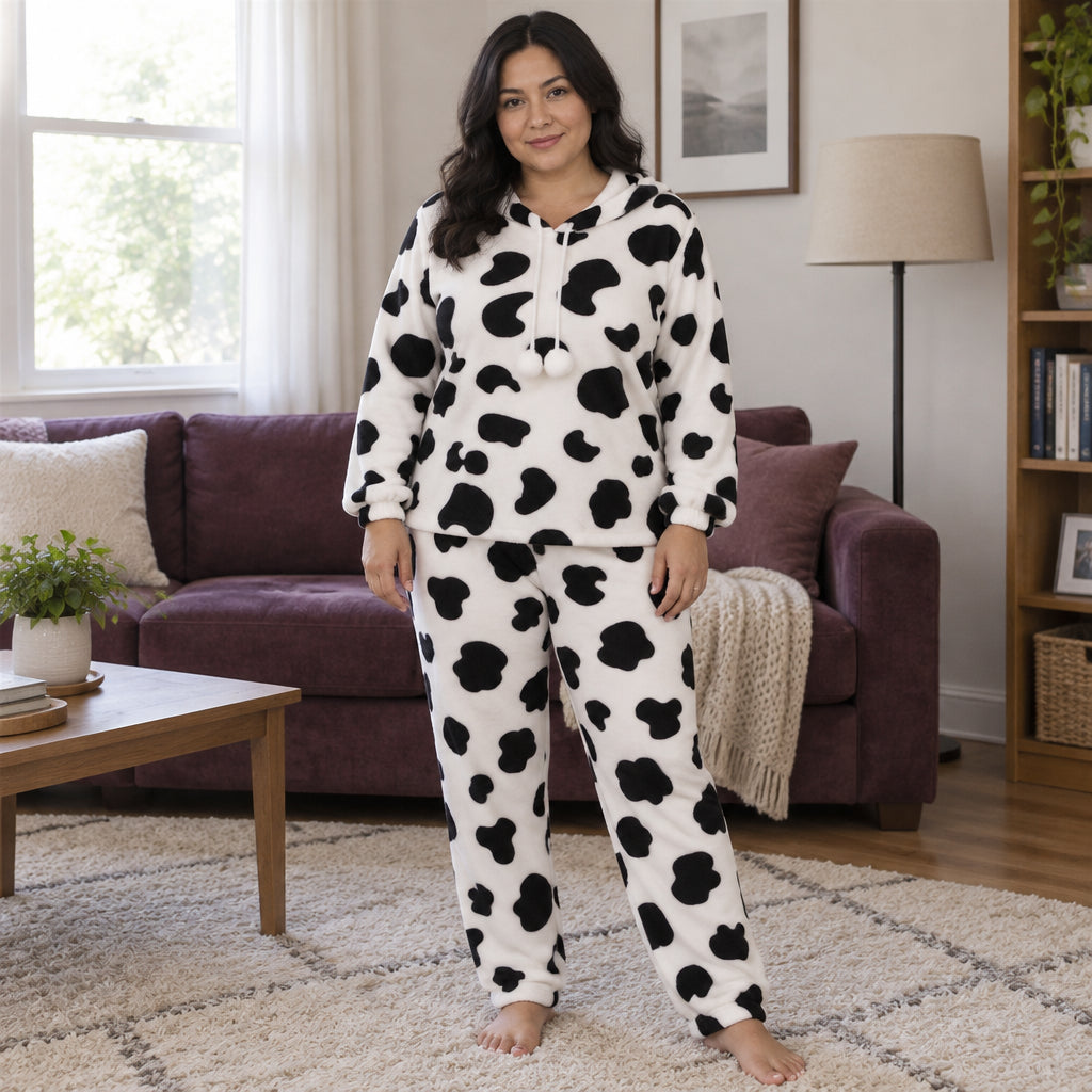 Cover frontale de Ensemble pyjama femme et ado vache noir et blanc, portée et entièrement visible