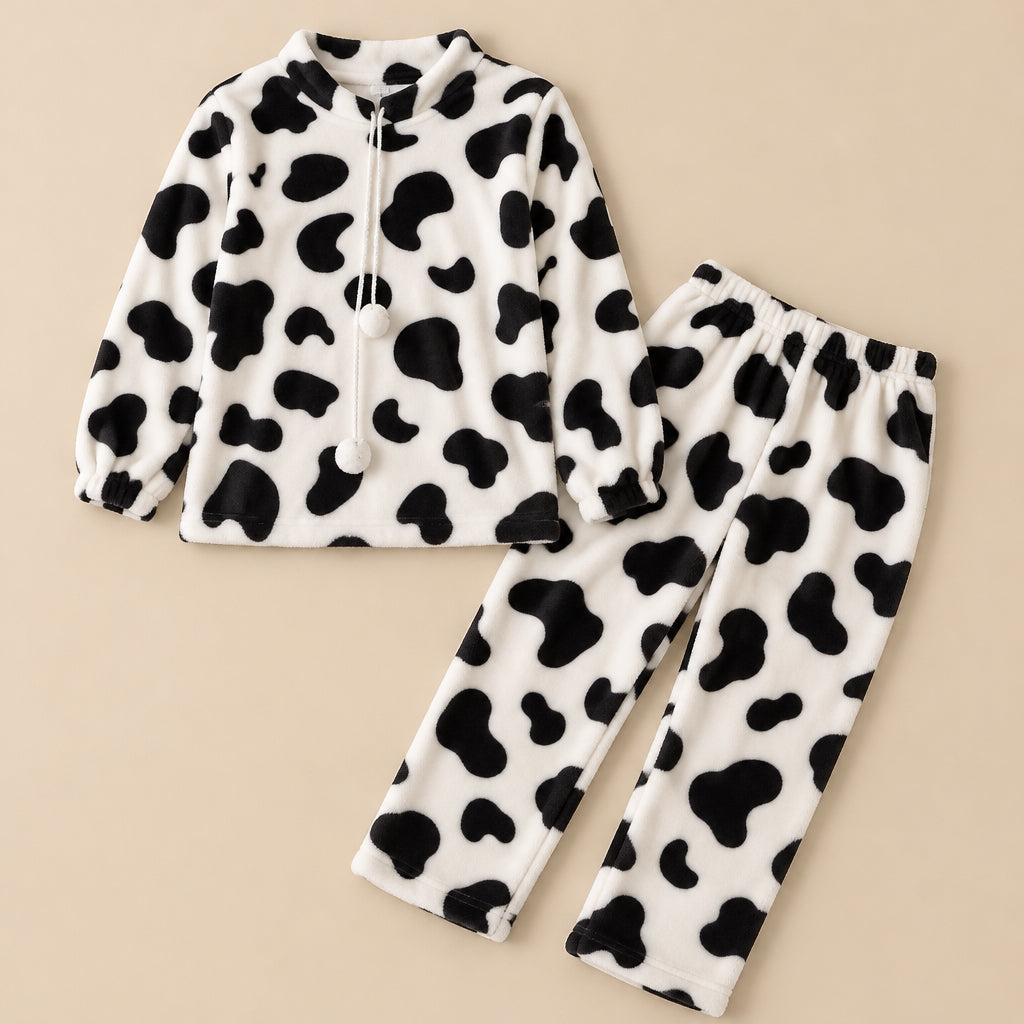 Ensemble pyjama deux pièces Ensemble pyjama femme et ado vache noir et blanc posé à plat sur fond beige, sans personne