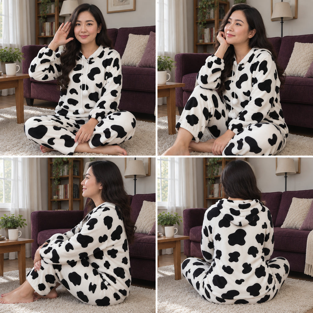 Quatre angles de Ensemble pyjama femme et ado vache noir et blanc porté