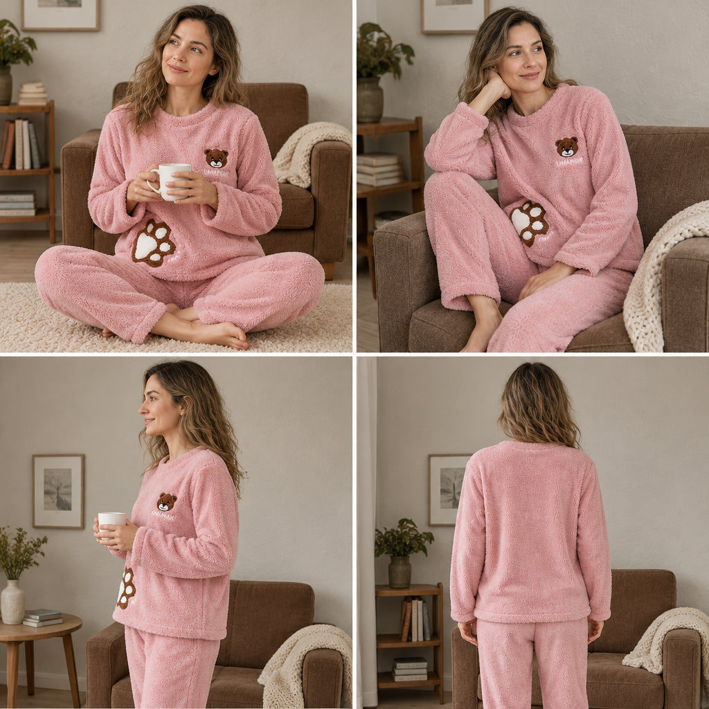 Quatre angles de Pyjama pilou pilou fille et femme ours rose porté
