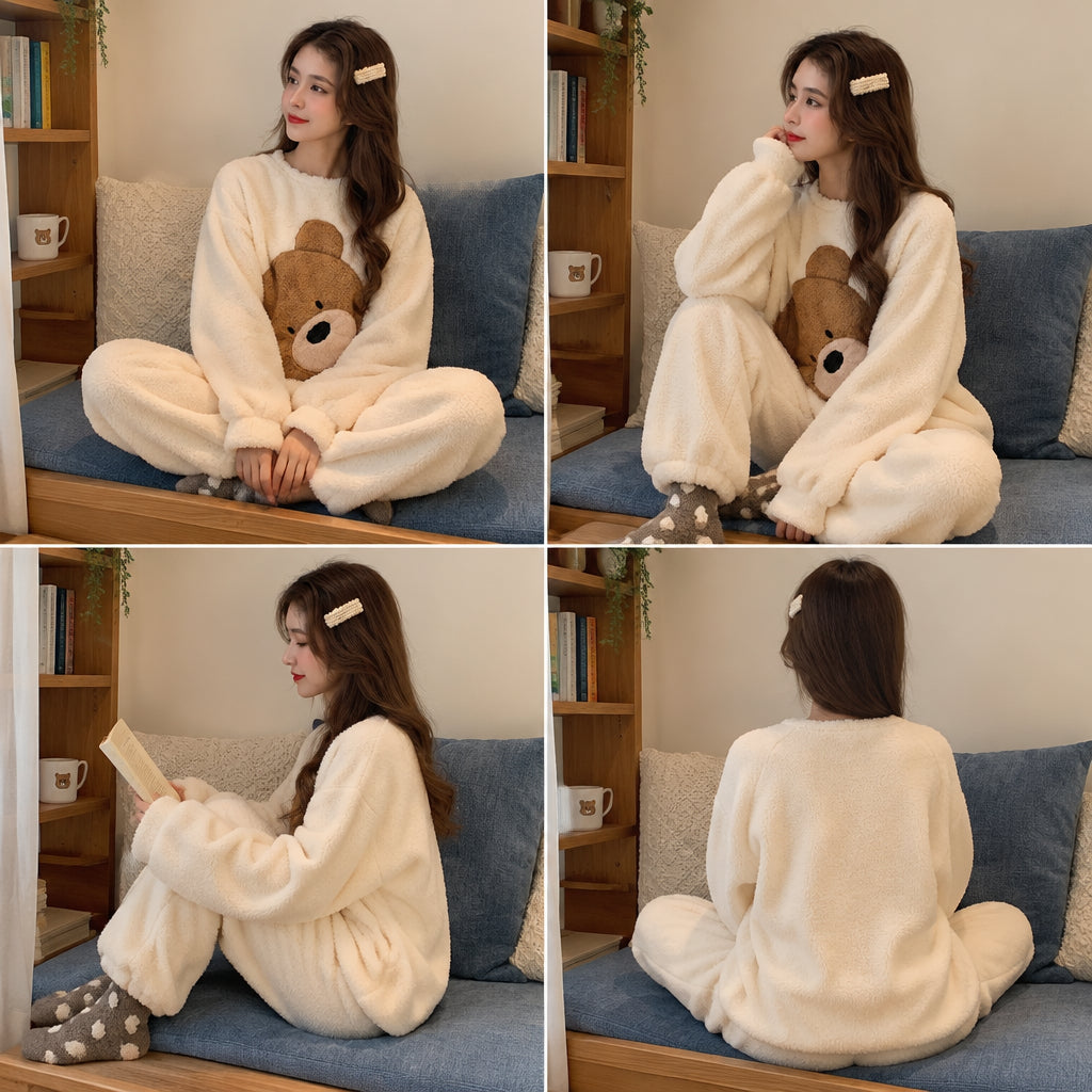 Quatre angles de Pyjama polaire fille et femme ours brun sur fond écru porté