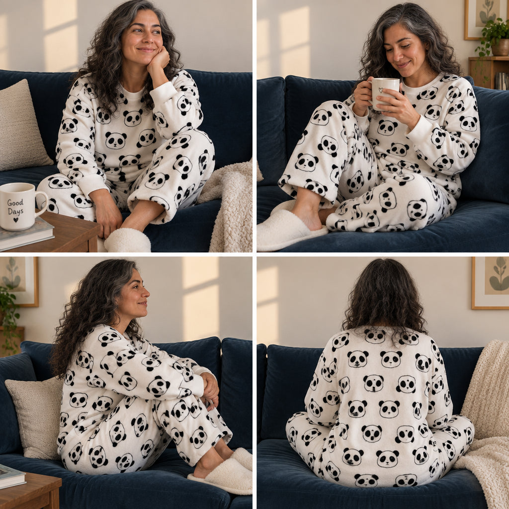 Quatre angles de Ensemble pyjama femme et ado pandas imprimés porté