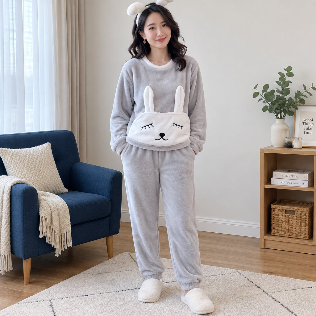 Cover frontale de Pyjama hiver fille et femme lapin gris douillet, portée et entièrement visible