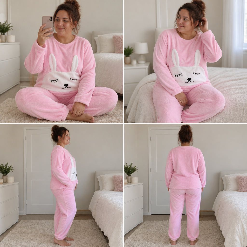 Quatre angles de Pyjama pilou pilou femme et ado lapin rose tendre porté