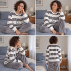 Quatre angles de Ensemble pyjama fille et femme à rayures grises porté