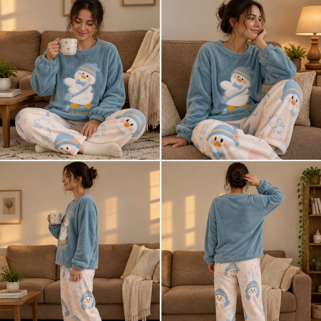 Quatre angles de Pyjama polaire fille et femme bonhomme de neige bleu porté