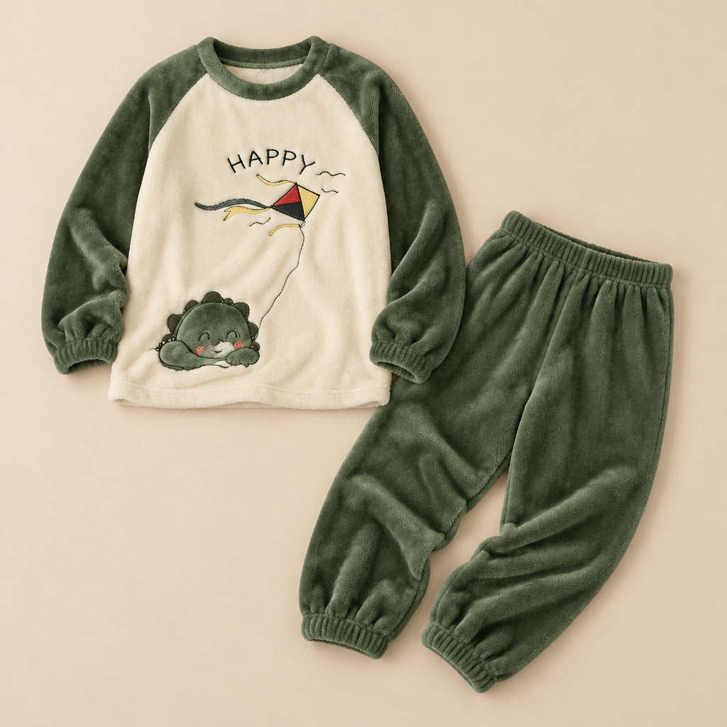 Ensemble pyjama deux pièces Ensemble pyjama femme et ado dinosaure au cerf-volant posé à plat sur fond beige, sans personne