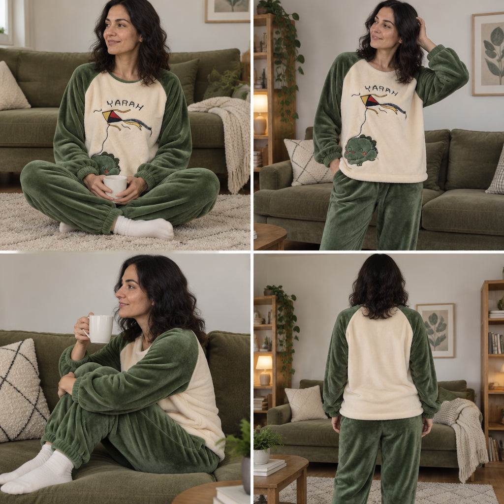 Quatre angles de Ensemble pyjama femme et ado dinosaure au cerf-volant porté