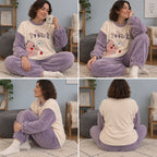 Quatre angles de Pyjama hiver femme et ado dinosaure violet porté