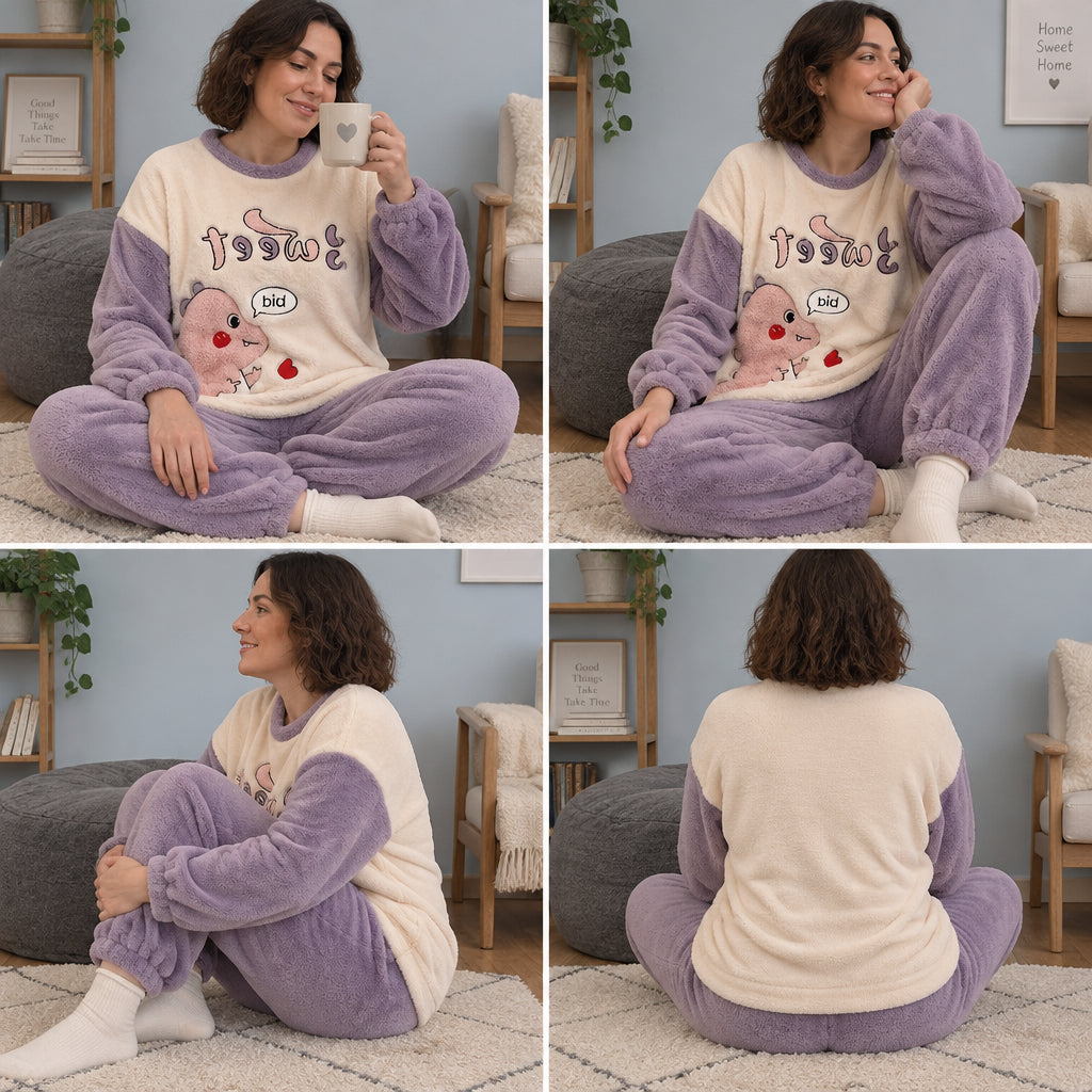 Quatre angles de Pyjama hiver femme et ado dinosaure violet porté