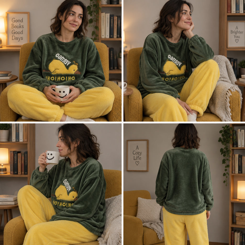 Quatre angles de Ensemble pyjama fille et femme canard jaune et vert porté