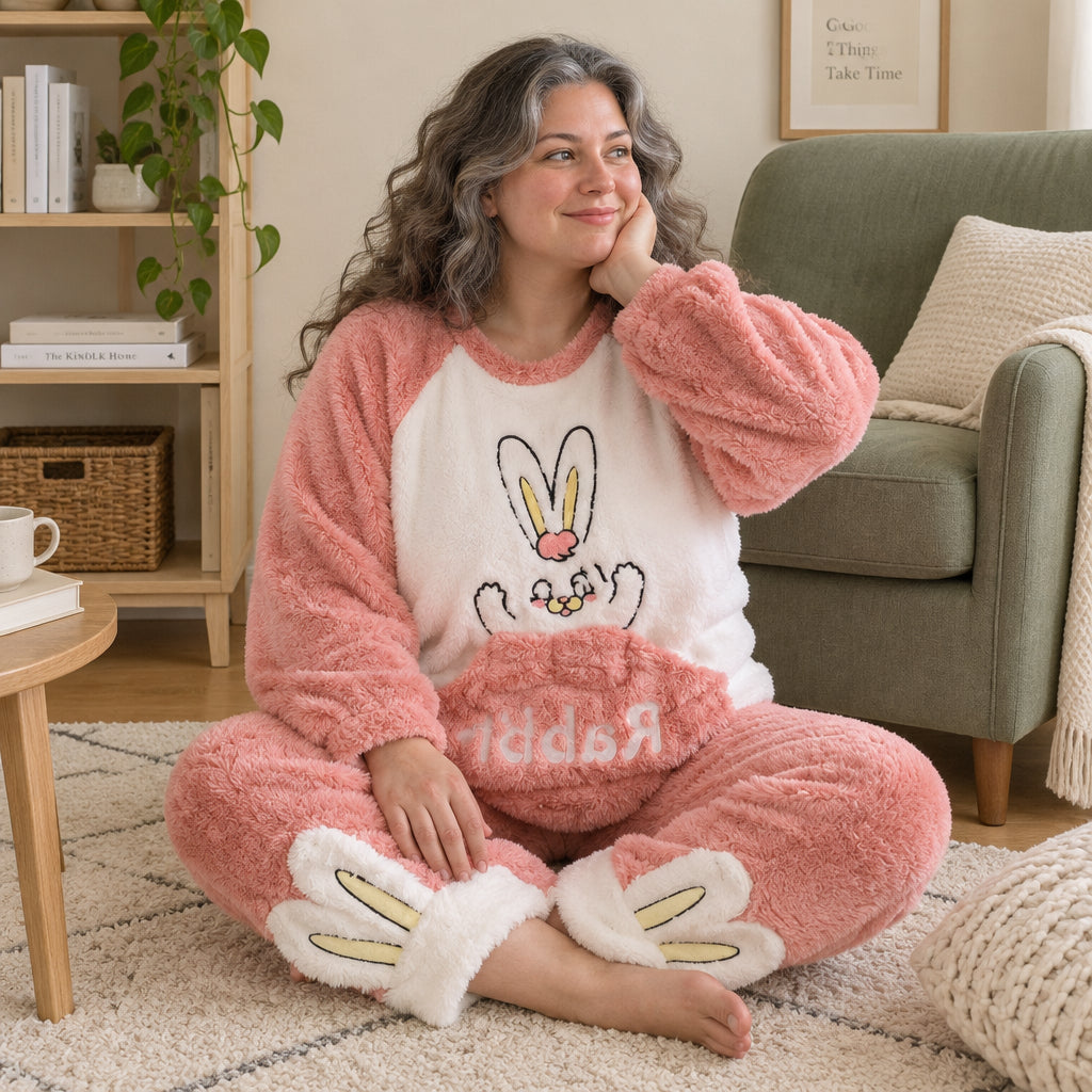 Cover frontale de Pyjama pilou pilou femme et ado lapin rose à grandes oreilles, portée et entièrement visible