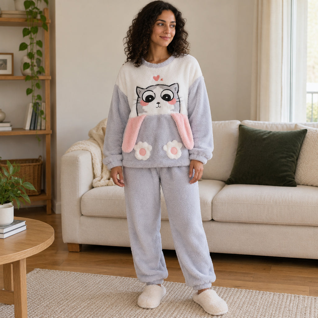 Cover frontale de Pyjama polaire fille et femme chat gris moelleux, portée et entièrement visible
