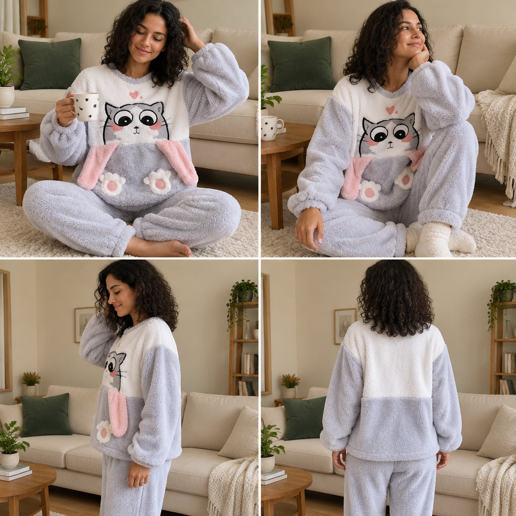 Quatre angles de Pyjama polaire fille et femme chat gris moelleux porté