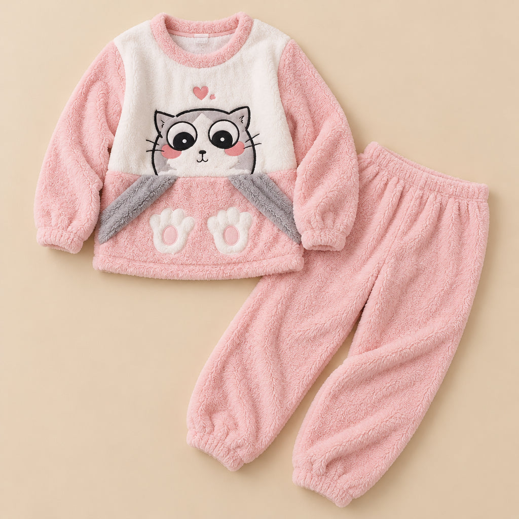 Ensemble pyjama deux pièces Pyjama chaud femme et ado chat rose mignon posé à plat sur fond beige, sans personne