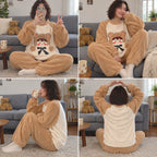 Quatre angles de Ensemble pyjama fille et femme motif ourson beige à nœud porté