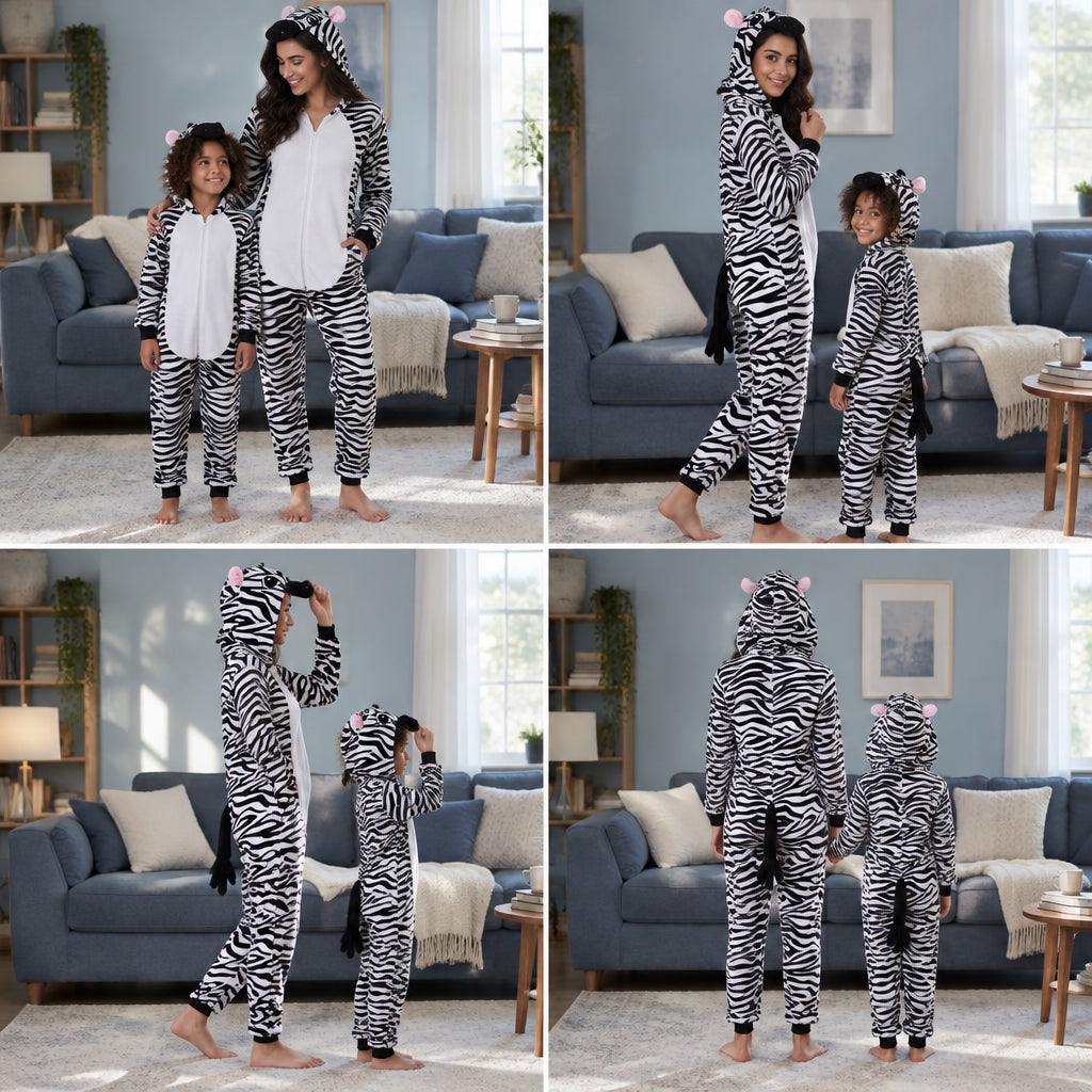 Quatre vues du Combi pyjama zèbre noir et blanc adulte et enfant porté