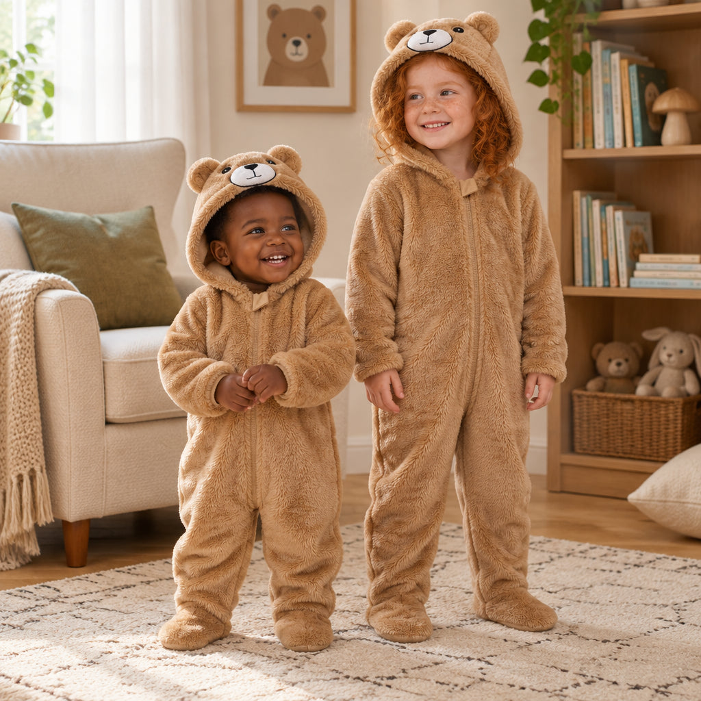Combi pyjama bébé marron épaisse et douce porté dans un intérieur chaleureux