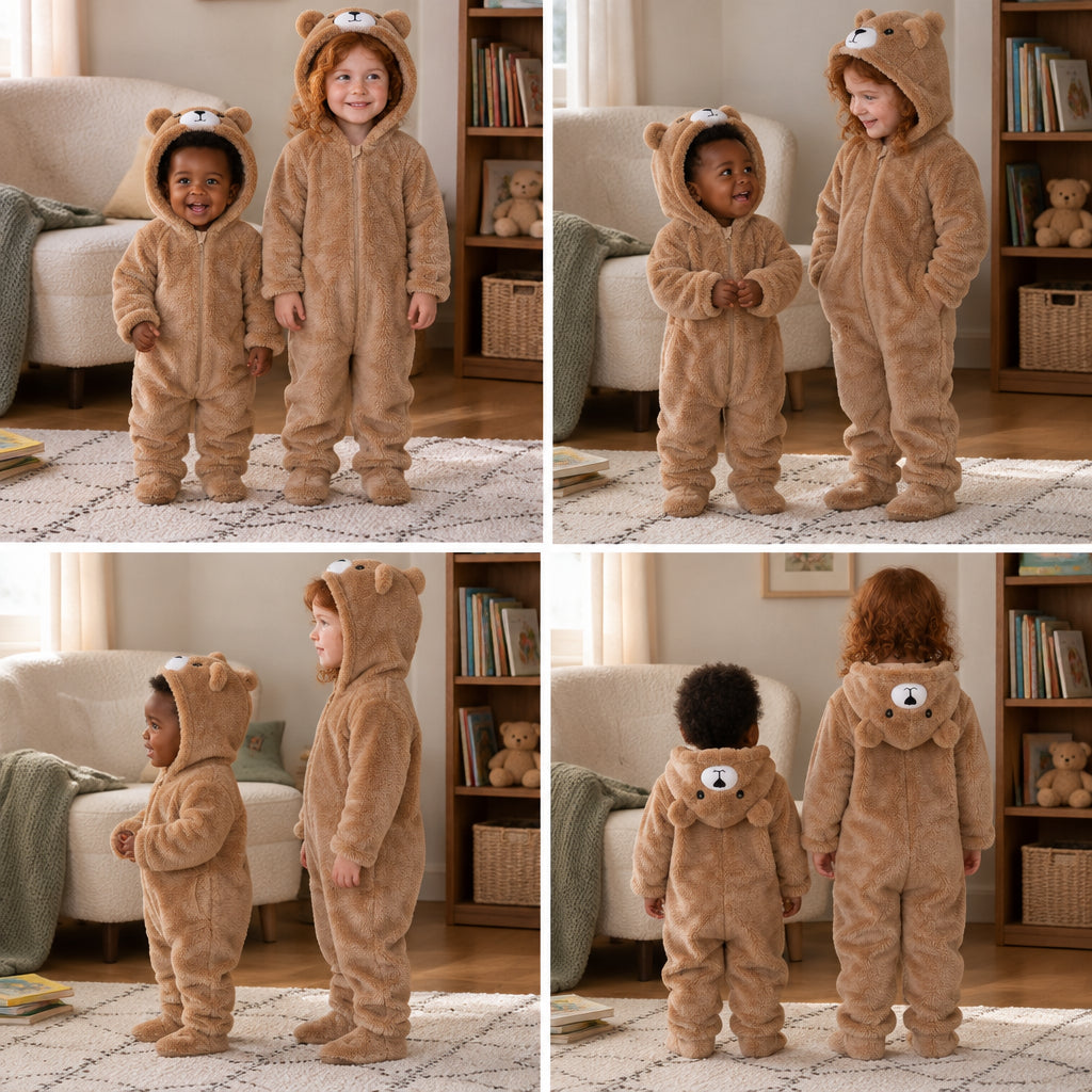 Quatre vues du Combi pyjama bébé marron épaisse et douce porté
