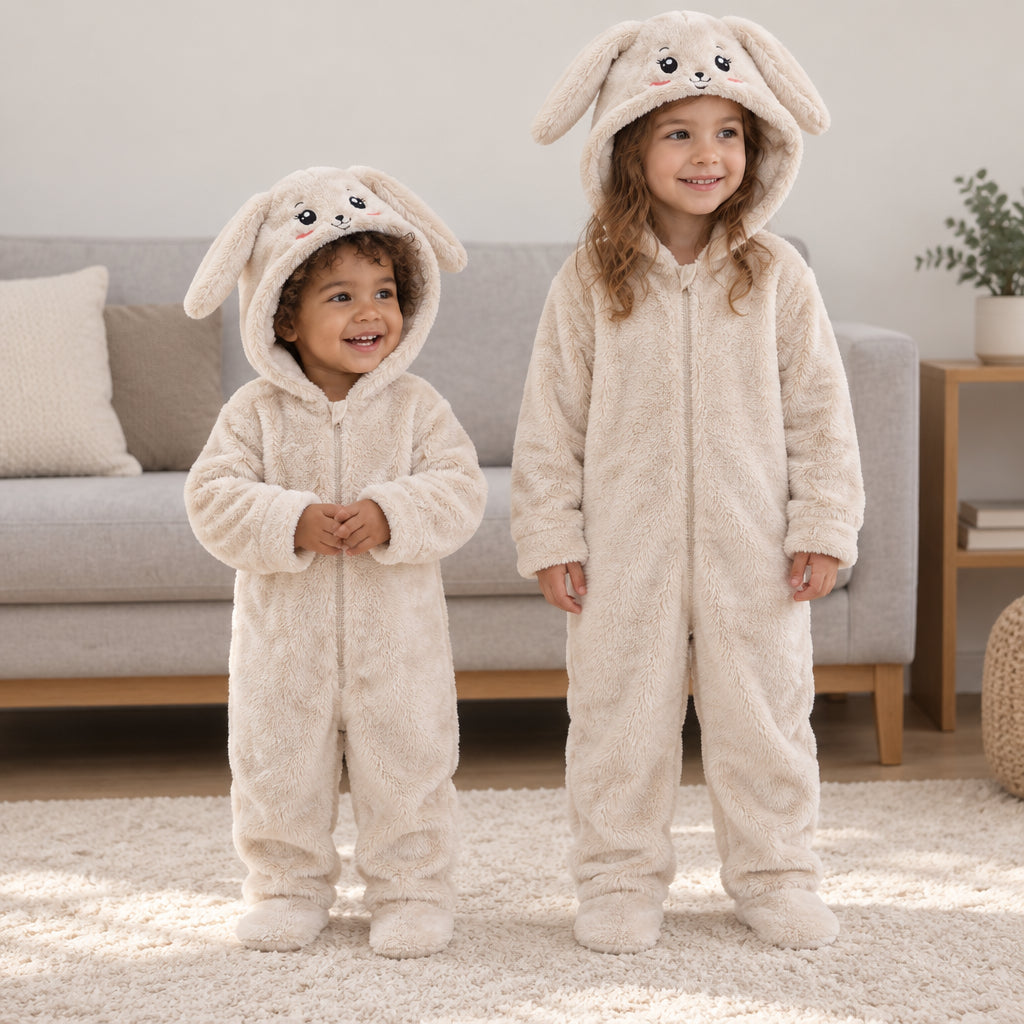 Combinaison pyjama bébé blanc crème porté dans un intérieur chaleureux