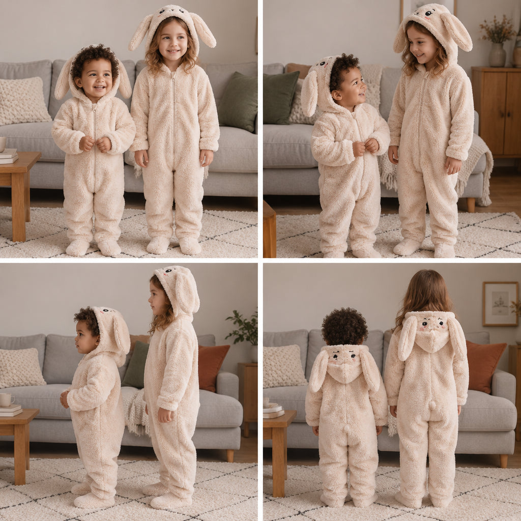 Quatre vues du Combinaison pyjama bébé blanc crème porté