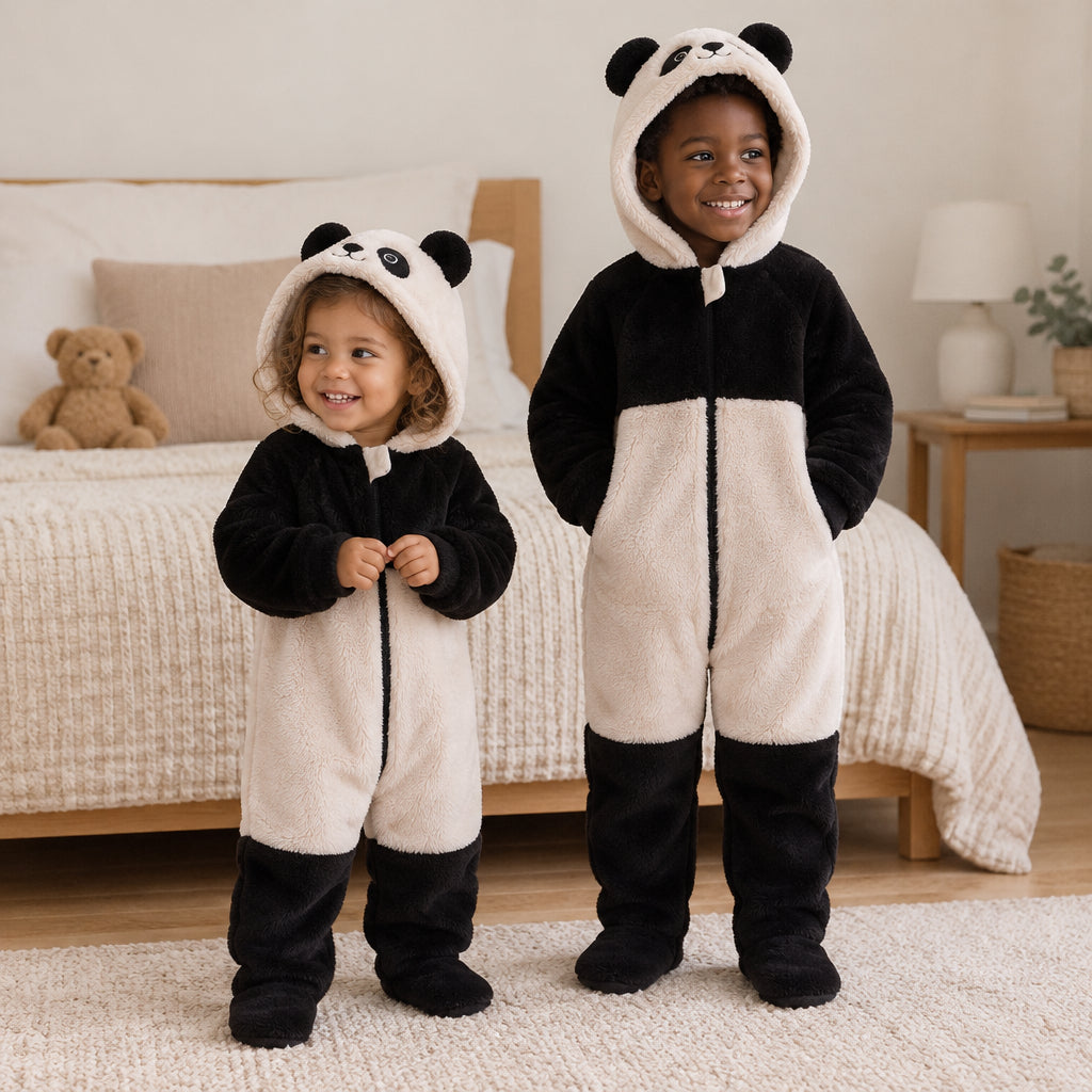 Pyjama une pièce bébé noir et blanc porté dans un intérieur chaleureux
