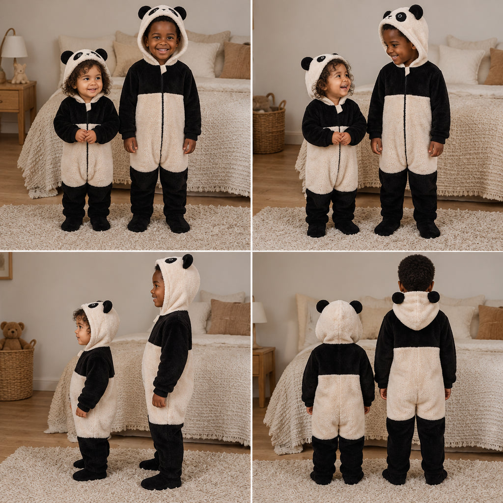 Quatre vues du Pyjama une pièce bébé noir et blanc porté