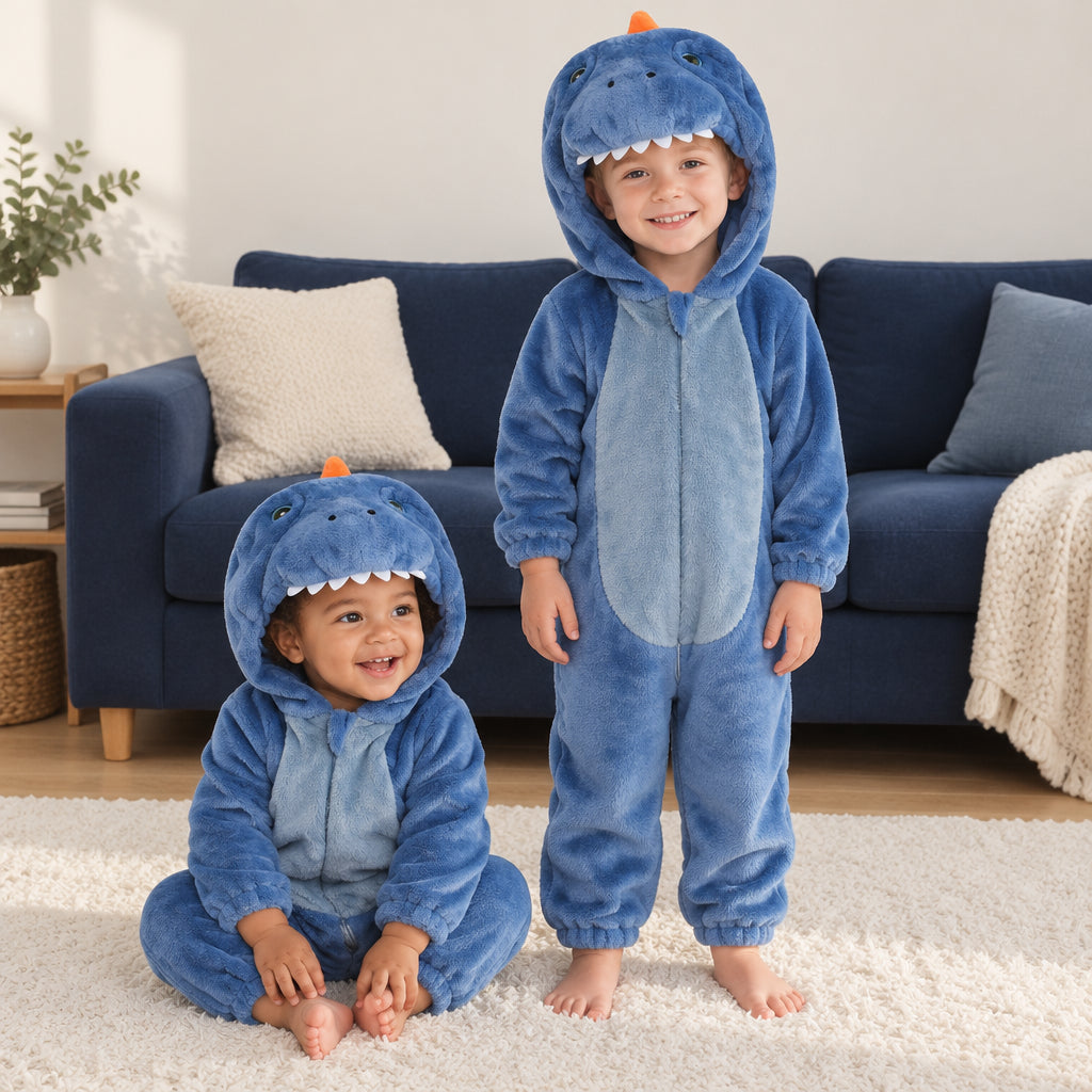 Pyjama une pièce enfant dragon bleu porté dans un intérieur chaleureux
