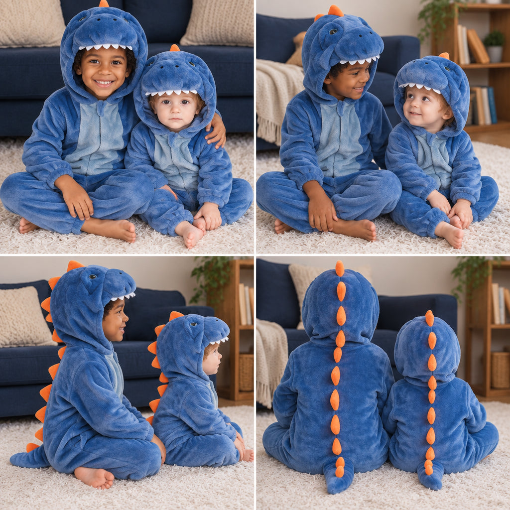 Quatre vues du Pyjama une pièce enfant dragon bleu porté