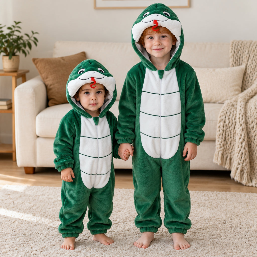 Combinaison pyjama serpent vert foncé enfant porté dans un intérieur chaleureux