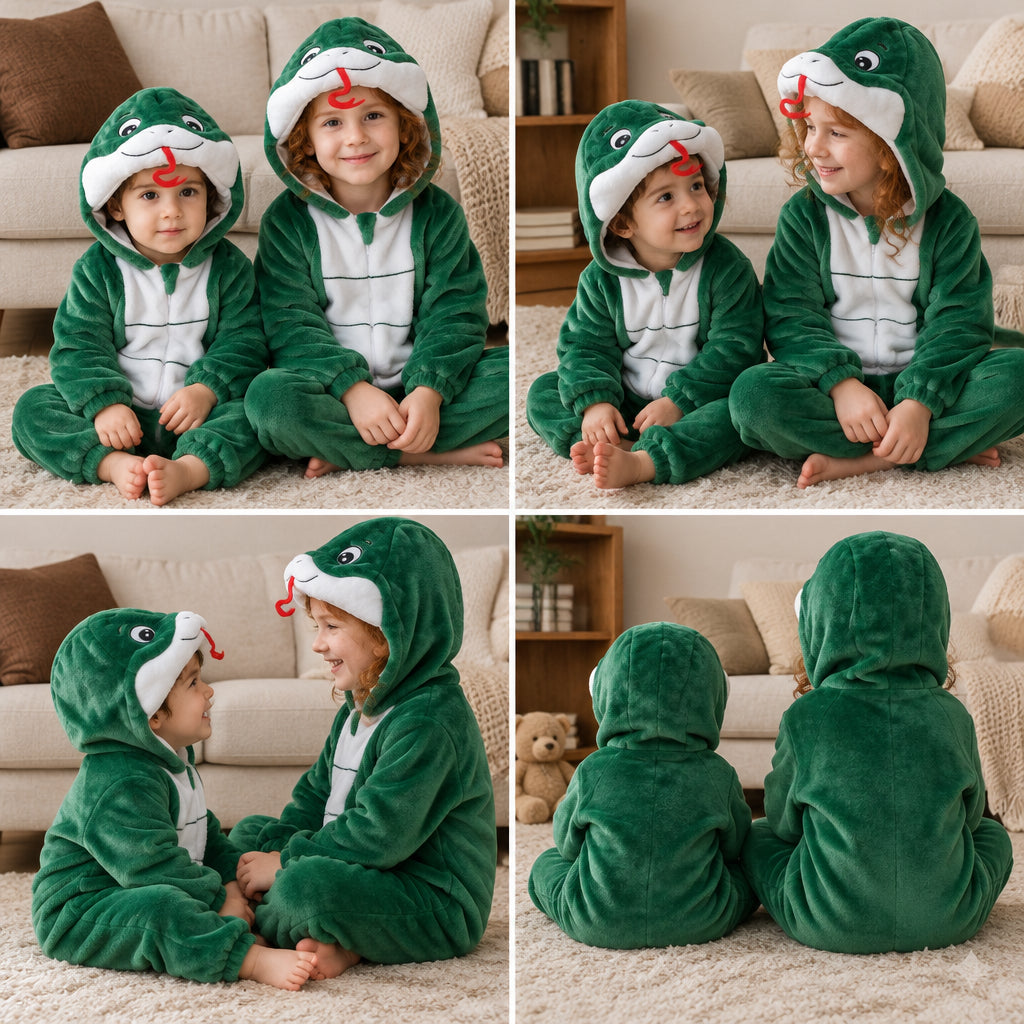 Quatre vues du Combinaison pyjama serpent vert foncé enfant porté