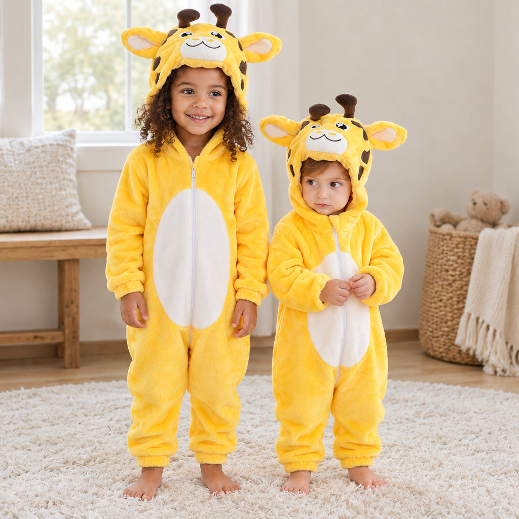 Kigurumi girafe enfant doux porté dans un intérieur chaleureux
