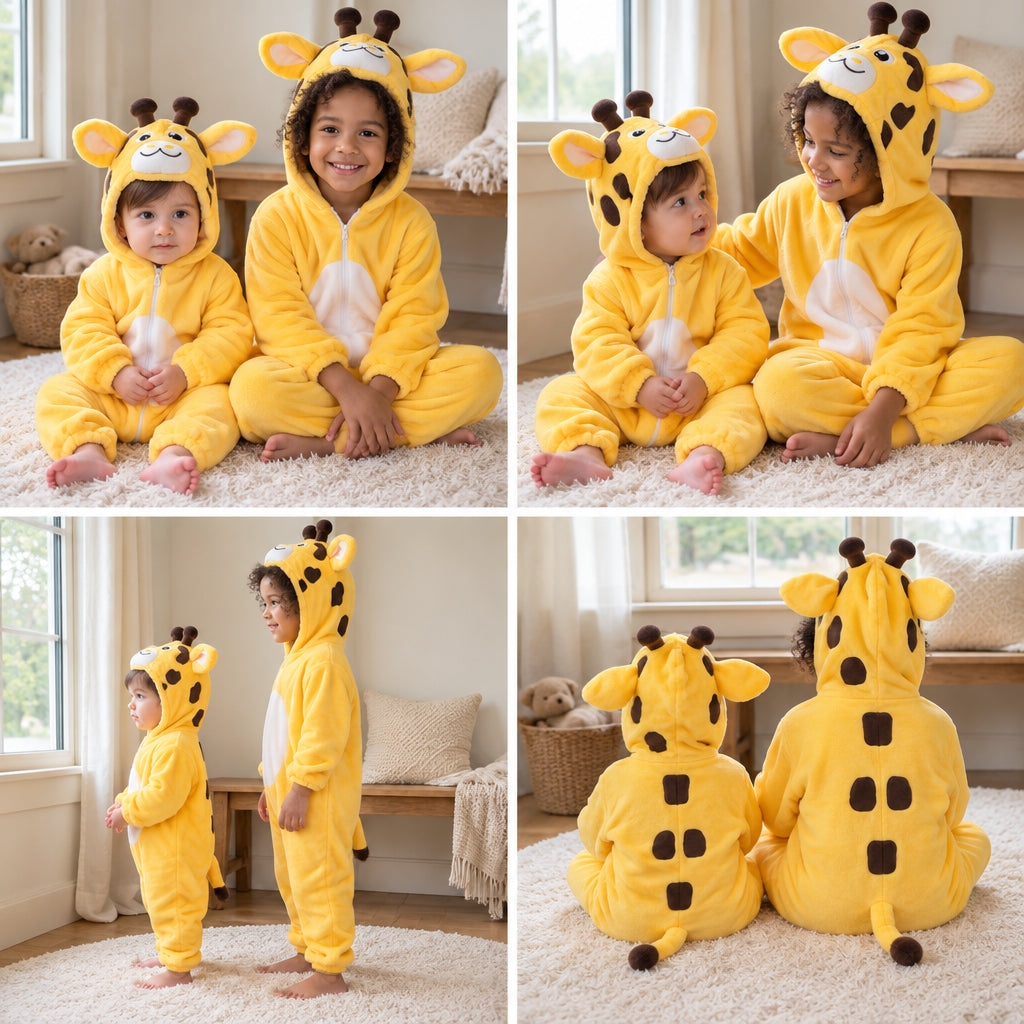 Quatre vues du Kigurumi girafe enfant doux porté
