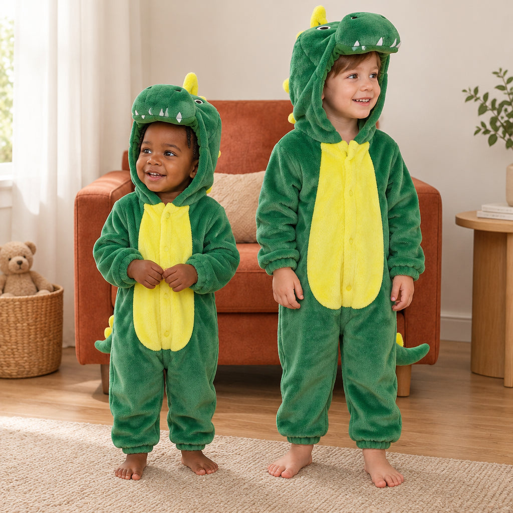 Combi pyjama dragon vert enfant porté dans un intérieur chaleureux