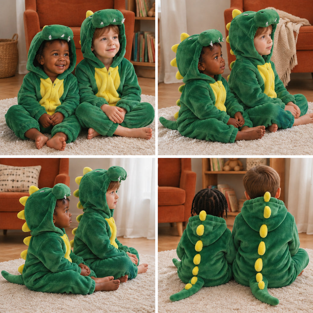 Quatre vues du Combi pyjama dragon vert enfant porté